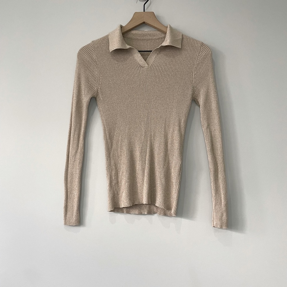 Laurel tan metallic ribbed V neck knit sweater X small